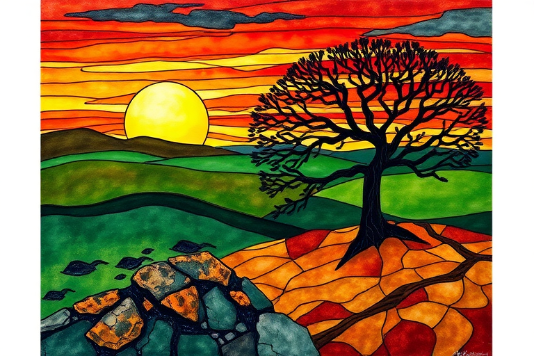 A vibrant abstract painting on Tiffany Glass, blending acrylic and alcohol ink techniques, captures a dramatic sunset over rolling hills. The artwork features a textured, rocky foreground in green and brown, layered abstract hills, and a striking sunset in rich oranges, yellows, and reds. A solitary black tree with intricate branches contrasts against the fiery sky, creating a dynamic and expressive portrayal of a breathtaking natural scene.