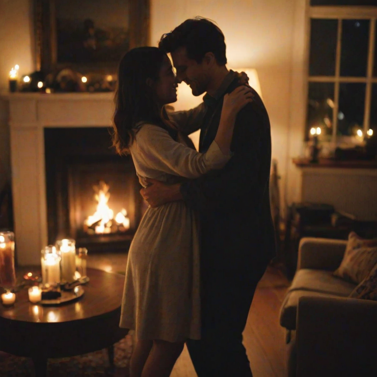 Blurry candid shot of a young couple dancing in a dimly lit living room, soft light from candles and a fireplace illuminating the scene, with an old record player softly blurred in the background.