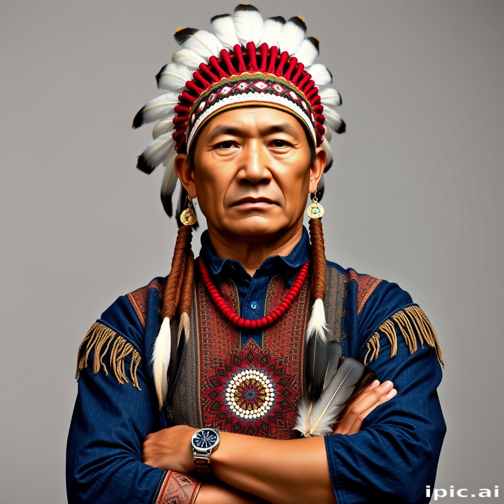 Create a dignified portrait of a Native American man dressed in traditional attire. He wears a beautifully crafted headdress adorned with white feathers and red beads, along with a beaded headband featuring intricate patterns. His clothing includes a deep blue, patterned shirt and a traditional chest piece with detailed beadwork. His arms are crossed, displaying leather armbands decorated with feathers. The background is simple and neutral, emphasizing his proud and stoic expression. The overall image captures the rich cultural heritage and strength of his persona.