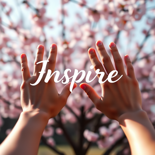 A serene composition of two hands reaching out towards each other with pink cherry blossoms in the background, featuring the word "Inspire" in an artistic font, captured with a Canon EOS R5, 50mm lens, f/1.8 aperture, ISO 100, at a shallow depth of field, with soft, natural lighting.