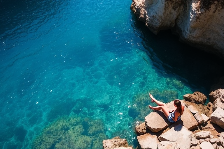 Secluded beach cove with crystal-clear water, a woman sits on the rocks at the edge, her feet dangling over the water as she enjoys the quiet tranquility.