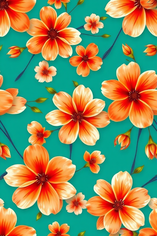 Generate a seamless floral pattern featuring large orange and white flowers on a teal background, captured with a DSLR camera at f/8, ISO 100, 50mm lens, top-down view, vibrant colors with high saturation for an eye-catching design.