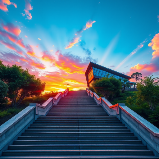 Create a digital painting of a grand staircase leading to a modern architectural building on a hillside during sunset, with vibrant colors in the sky and lush greenery on either side, captured with a Canon EOS R5 at f/8, ISO 100, 24mm focal length, in a wide-angle view to enhance depth and detail.