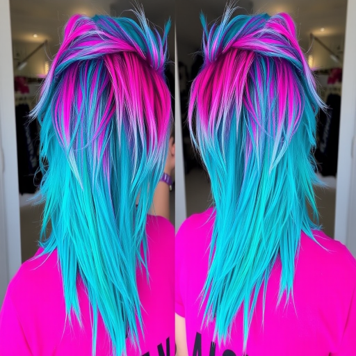 Edgy turquoise mullet with neon pink undertones, styled in tousled layers for a modern punk rock vibe, christened "Cyber Tsunami"