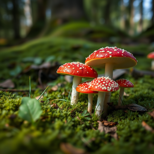 High-resolution close-up of red and white spotted mushrooms growing on a lush green forest floor, natural lighting, shallow depth of field, f/2.8 aperture, ISO 100, 50mm lens, DSLR camera, low angle view.