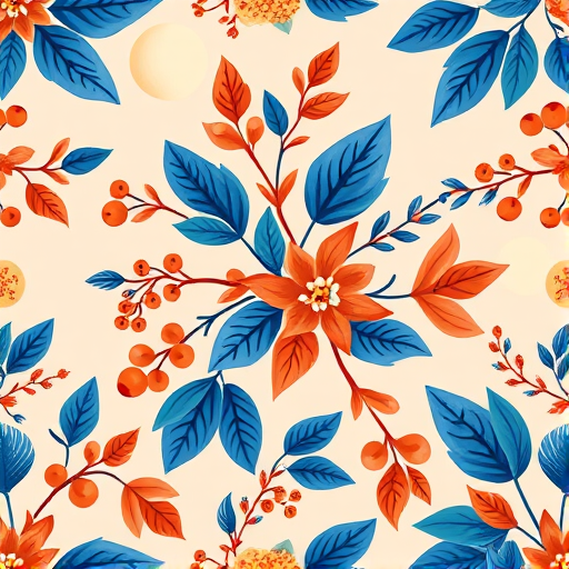 Create a high-resolution digital illustration of a seamless floral pattern featuring vibrant blue and orange leaves, berries, and moons against a soft pastel background, using a Canon EOS R5 with a 50mm f/1.8 lens at aperture f/4.0, ISO 100, and a top-down view to enhance color depth and detail.