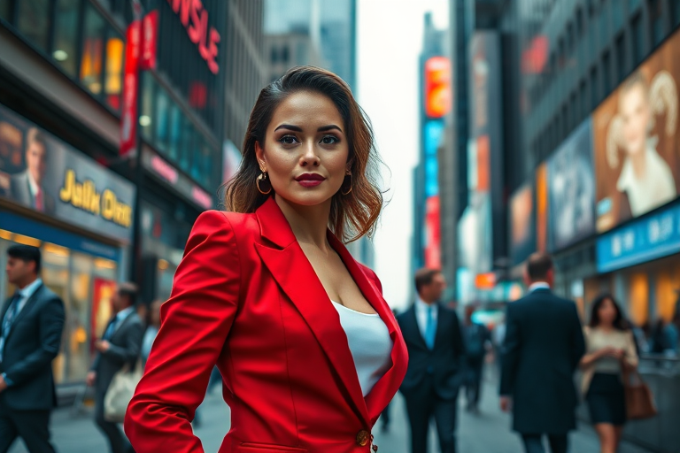 Regenerate a vibrant urban scene featuring a confident woman in a striking red suit, surrounded by busy professionals in a modern financial district with neon advertisements, using a 50mm lens at f/1.8, ISO 100, with soft lighting and a shallow depth of field to highlight the subject in sharp detail against a blurred background.