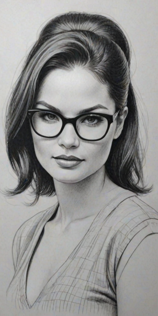 Appealing Katrina Law, pencil sketch, portrait of Exquisite woman 1960s in glasses, hair style beatnik, outline, clear lines, fine lines, 8k