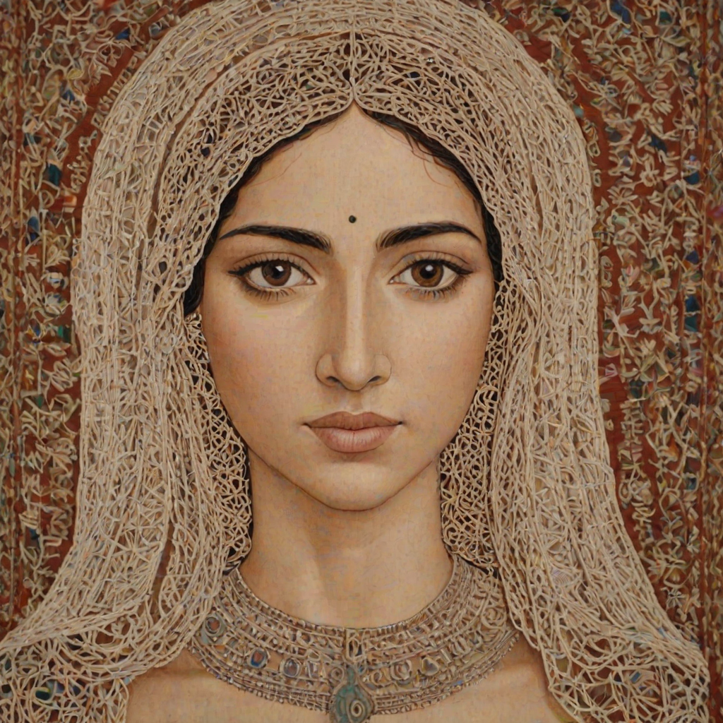 Face, shoulders, chest covered in openwork Coptic embroidery. Raw, unedited image.