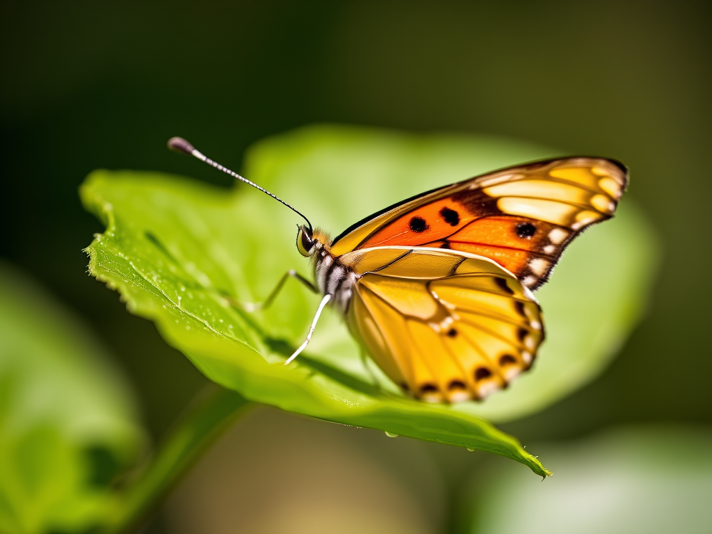 Close-up of a butterfly resting on a green leaf, shallow depth of field, natural daylight, macro lens, aperture f/2.8, shutter speed 1/200s, ISO 100, captured with a DSLR camera.