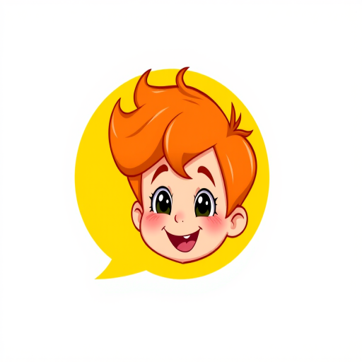 Create an illustration of a cartoonish child with bright orange hair and a cheerful expression, speaking within a vibrant yellow speech bubble, using a digital drawing style; camera settings: aperture f/2.8, shutter speed 1/60 sec, ISO 100; camera view: front view; camera type: digital illustration.