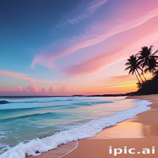 Serene Sunset Over Tranquil Beach with Gentle Waves and Palm Trees