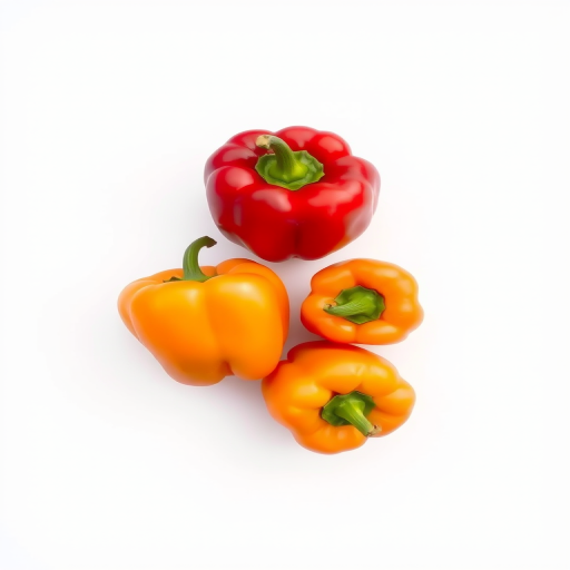 generate a high-resolution image of a red bell pepper and two orange bell peppers on a clean white background, use a DSLR camera with a 50mm lens at f/2.8, ISO 100, natural lighting to highlight texture and color depth, focus on vibrant details and smooth gradients