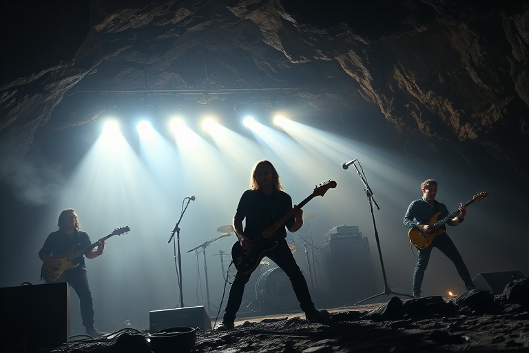Regenerate an image of a rock band performing in a cave with dramatic lighting and fog, using a DSLR camera at f/2.8 aperture, ISO 400, 1/60 sec shutter speed, a wide-angle lens, and a low angle view to capture the scene's grandeur.