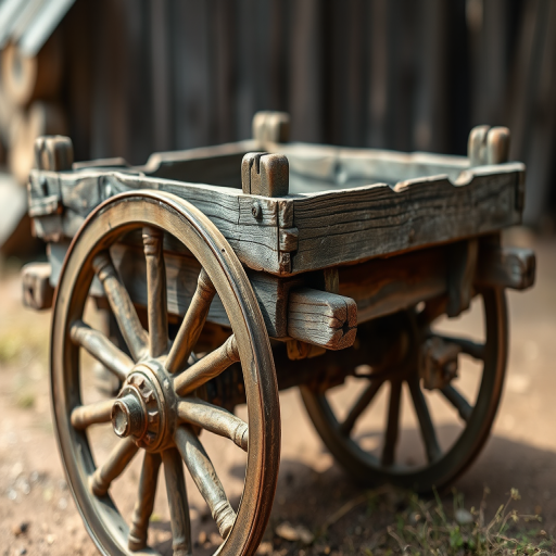 depict an old wooden cart with a weathered appearance, focusing on intricate details of the wood and wheels, taken with a DSLR camera, 50mm lens, f/2.8 aperture, ISO 100, natural lighting, and a shallow depth of field to enhance texture and background blur