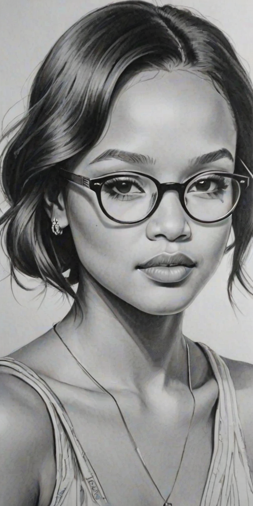 Fascinating Karrueche Tran, pencil sketch, portrait of Enchanting woman 1920s in glasses, hair style beatnik, outline, clear lines, fine lines, 8k