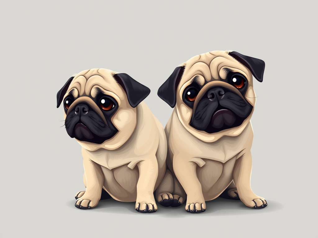 Create a high-resolution illustration of two pugs sitting on a smooth gray background, with a focus on detailed fur texture and expressive eyes, using a digital art style similar to vector graphics, with a canvas size of 3000x3000 pixels, ensuring sharp lines and vibrant colors, simulating a soft lighting effect, akin to a studio photography setup with a shallow depth of field.