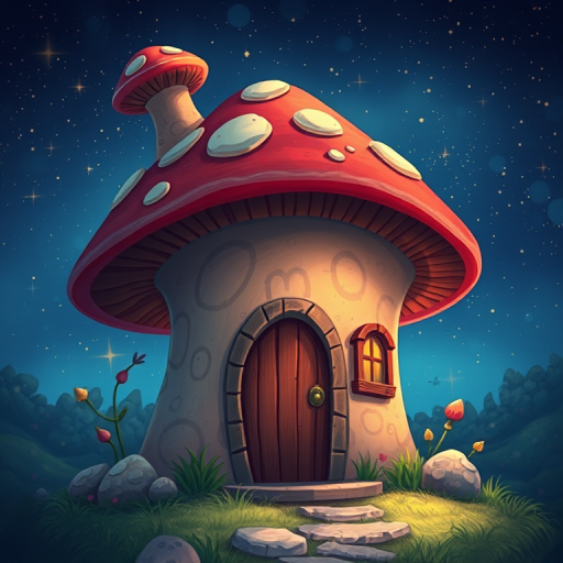 generate illustration of a mushroom house with a door and a window, a storybook , fantasy art, mushroom house, bg starry sky, sparkles