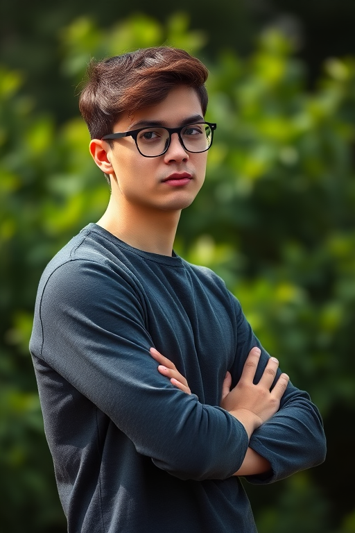 portrait of a contemplative young man with crossed arms wearing glasses, shot with a Canon EOS 5D Mark IV, 85mm lens, aperture f/1.8, ISO 100, natural lighting, shallow depth of field, outdoor setting with lush greenery in the background