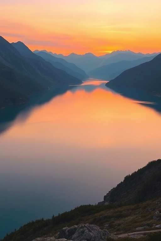 Create a high-quality image of a serene landscape featuring a calm lake surrounded by mountains during sunset, focusing on vibrant colors; use a DSLR camera, aperture f/8, ISO 100, shutter speed 1/125s, shot from a wide-angle view at eye level to capture details and depth.