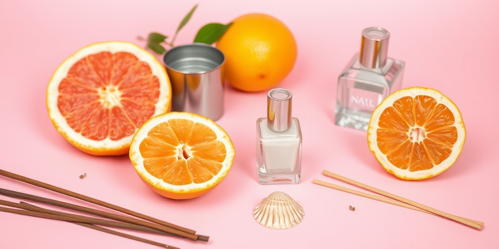 create a still life composition featuring halved and whole grapefruit, a metallic candle holder, a clear nail polish bottle, a seashell, and incense sticks on a pastel pink background, use a DSLR camera, set aperture to f/2.8, shutter speed of 1/60 sec, ISO 200, and a 50mm lens for a shallow depth of field and sharp focus on main objects