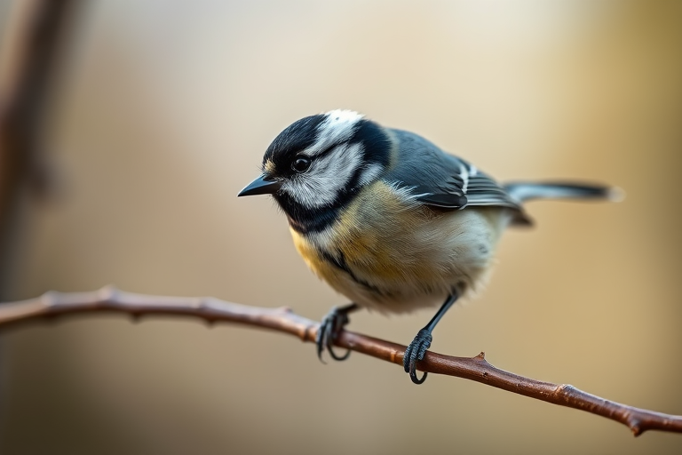 A close-up of a great tit perched on a branch, captured with a DSLR camera, 85mm lens, f/4 aperture, ISO 200, 1/200s shutter speed, natural light, shallow depth of field, soft background blur.