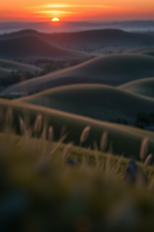 Create a high-resolution image of a serene landscape featuring rolling hills and a vibrant sunset, with soft bokeh effects using a Canon EOS R5, 50mm f/1.2 lens, aperture set at f/8, ISO 100, shutter speed 1/200 sec, captured from a low angle for a dramatic perspective.