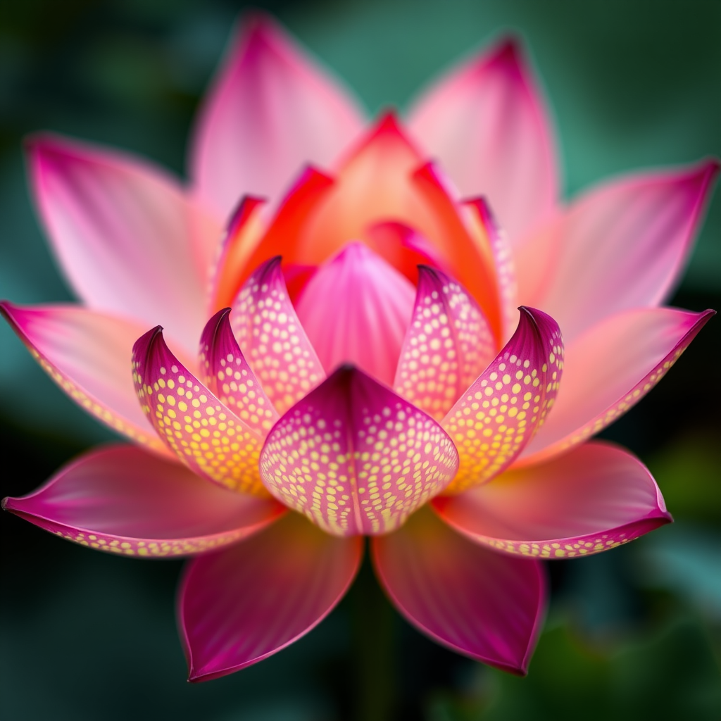 Create a vibrant, abstract lotus flower composed of colorful dots, captured with a DSLR camera at f/2.8, ISO 100, 50mm lens, in a close-up view with a bokeh effect to enhance color depth and clarity.