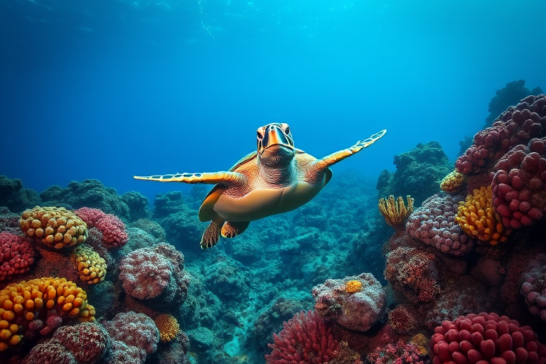 underwater scene of a sea turtle swimming over vibrant coral reefs, wide-angle lens, f/8 aperture, ISO 200, shutter speed 1/200s, DSLR camera, natural lighting, high-resolution image