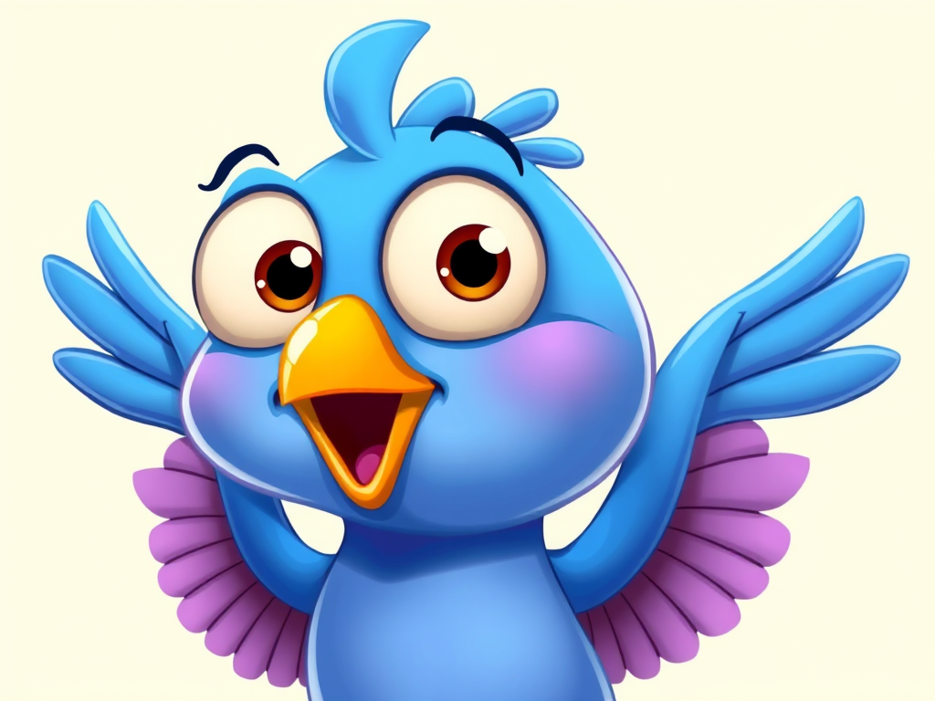 Create a vibrant, cartoon-style image of a cheerful blue bird with oversized eyes and wings outstretched, captured in a close-up view using a DSLR camera at f/2.8 aperture, ISO 100, and a focal length of 50mm to enhance details and colors.