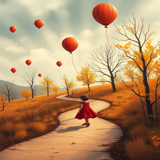 Create an illustration of a young girl in a red dress standing on a winding path in a surreal, autumn landscape filled with balloons and barren trees under a cloudy sky, using a Canon EOS R5 with a 50mm lens, aperture set to f/1.8, ISO 200, soft focus style, and a warm color palette for an ethereal atmosphere.