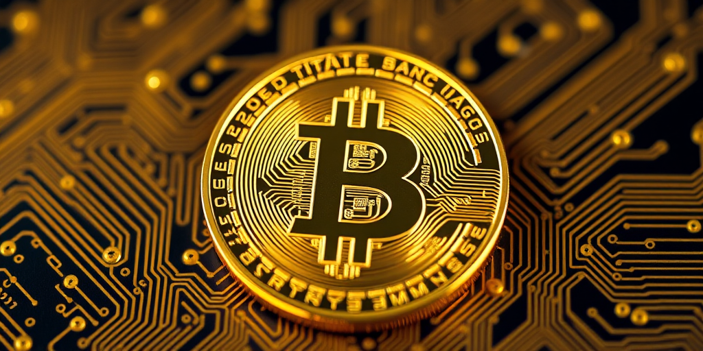 Create a hyper-realistic image of a golden cryptocurrency coin with intricate circuit patterns in the background, using a Canon EOS R5 camera, 50mm lens, f/1.8 aperture, ISO 100, and 1/200 sec shutter speed, with a soft-focus background to enhance the coin's details.