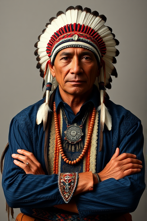 Create a dignified portrait of a Native American man dressed in traditional attire. He wears a beautifully crafted headdress adorned with white feathers and red beads, along with a beaded headband featuring intricate patterns. His clothing includes a deep blue, patterned shirt and a traditional chest piece with detailed beadwork. His arms are crossed, displaying leather armbands decorated with feathers. The background is simple and neutral, emphasizing his proud and stoic expression. The overall image captures the rich cultural heritage and strength of his persona.