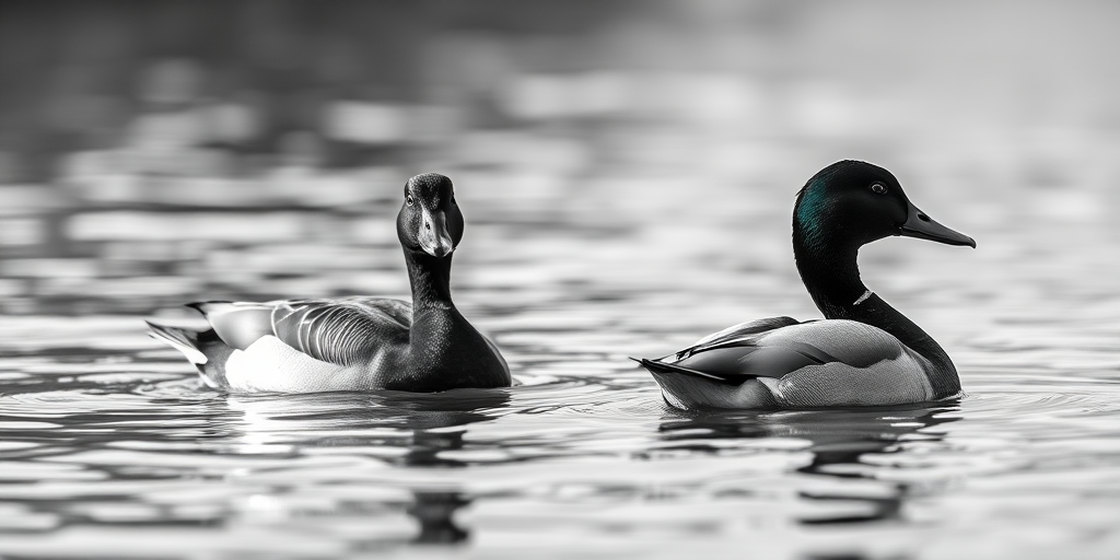 black and white image of two ducks swimming on calm water, focus on the texture of their feathers, soft natural light, f/4 aperture, 1/250 shutter speed, ISO 200, shot from a low angle with a 50mm lens on a DSLR camera