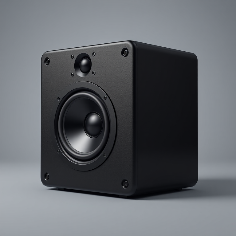 Create a realistic 3D rendering of a black speaker with two large circular woofers, using a high-resolution camera at f/2.8 aperture, ISO 100, 50mm lens, shot from a slightly elevated angle with soft box lighting for enhanced detail and texture.
