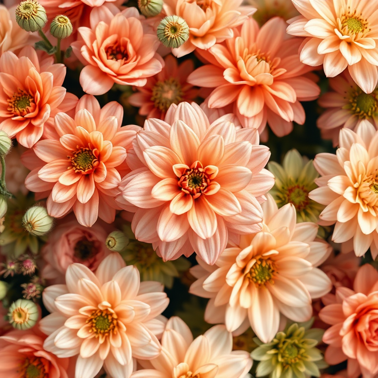 Regenerate a vibrant floral pattern featuring a variety of flowers in soft peach, pink, orange, and green hues, captured with a macro lens at f/2.8 for a shallow depth of field, using a DSLR camera with a 50mm lens and natural lighting to enhance texture and detail.