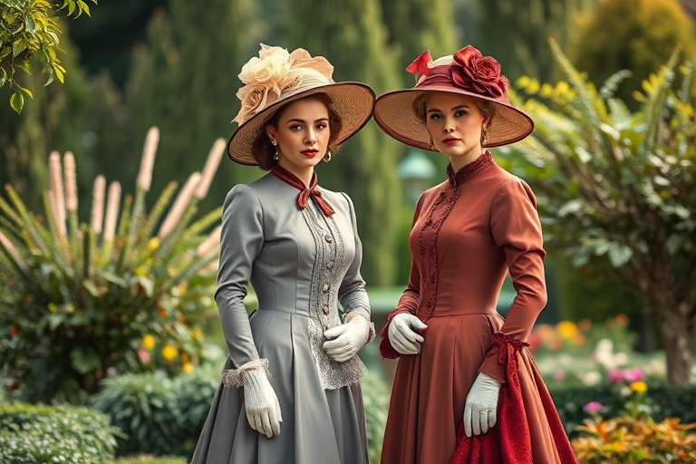 Create an image of two Victorian women in elegant outfits standing in a garden, using a DSLR camera with a 50mm lens, aperture f/2.8, ISO 100, soft focus background, natural lighting, high-resolution detail, vintage illustration style.