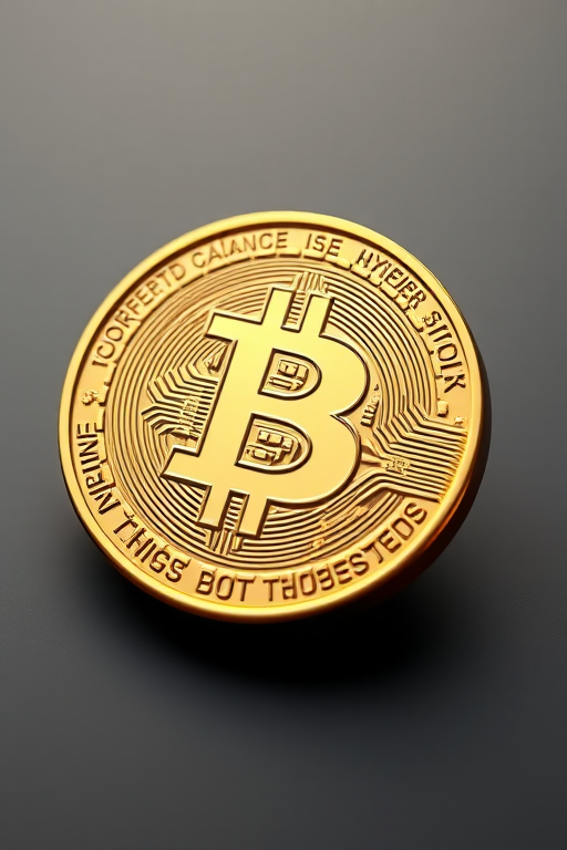 Create a 3D render of a Bitcoin coin with a smooth texture, placed at a 30-degree angle, using a Canon EOS R5 with a 50mm f/1.8 lens, ISO 100, aperture f/8, and soft lighting to enhance shadow details and reflections.