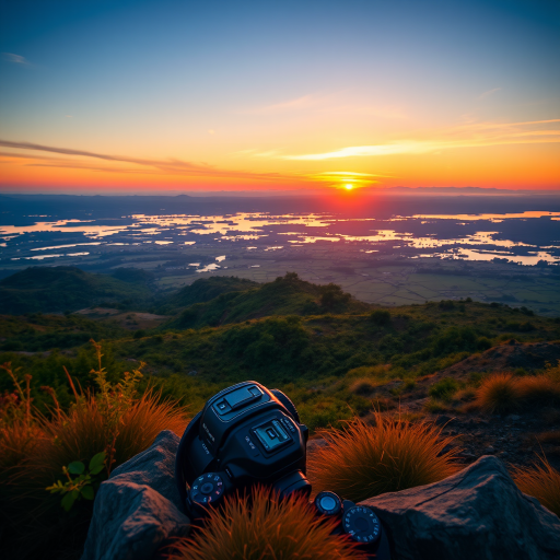 Create a high-resolution image of a scenic landscape with a vibrant sunset, using a Canon EOS R5 camera, 24mm lens, f/11 aperture, ISO 100, shutter speed 1/250s, and an HDR view to capture enhanced details and colors.