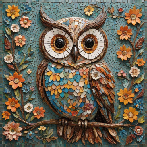 A mosaic of floral owls, one owl intricately composed of individual flower blossoms. The design showcases a delicate balance of nature and form, where the feathers of the owls are replaced by vibrant petals and blooms. The overall appearance is whimsical yet detailed, with each floral element contributing to the intricate patterns of the owl’s body. The artwork embraces a raw, organic style, with natural hues and soft textures, creating a harmonious blend of flora and fauna. The mosaic arrangement adds depth and visual intrigue to the piece, evoking a sense of wonder and artistic beauty.
