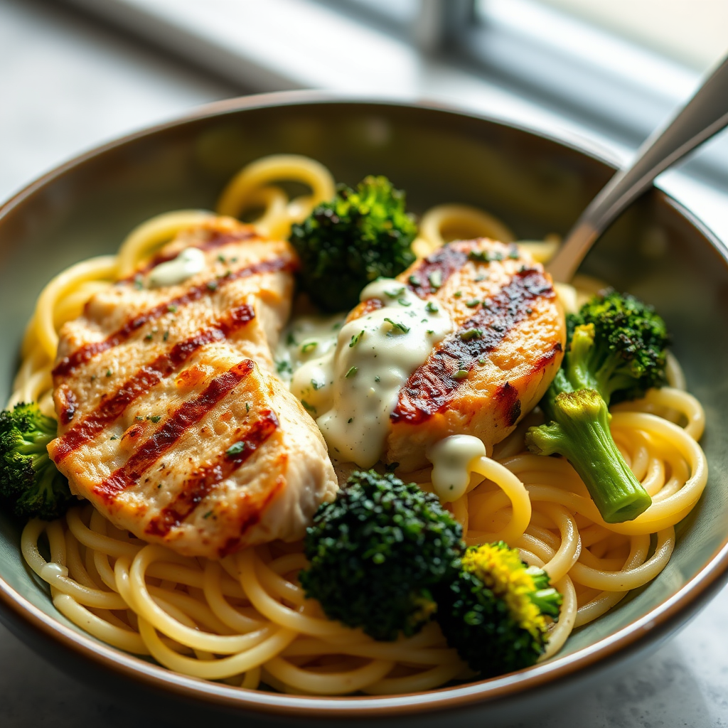 A beautifully plated bowl of fettuccine alfredo with grilled chicken and broccoli, natural lighting, shallow depth of field, DSLR camera, f/2.8, 50mm lens, ISO 100, 1/200 sec.
