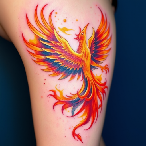 Vibrant watercolor tattoo of a soaring phoenix rising from ashes, bursting with hues of orange, red, and gold, creating a stunning contrast against blue-tinted skin, showcasing fluid brushstrokes and ethereal blending techniques