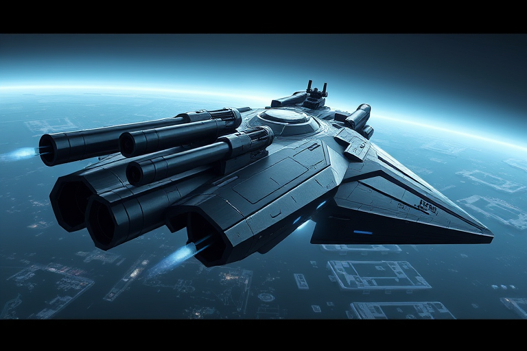 Create a high-resolution image of a futuristic battleship with two large guns, featuring sleek dark armor and glowing blue accents, captured from a dynamic aerial view using a DSLR camera set to f/8 aperture, ISO 100, and a shutter speed of 1/250s in a digital illustration style.
