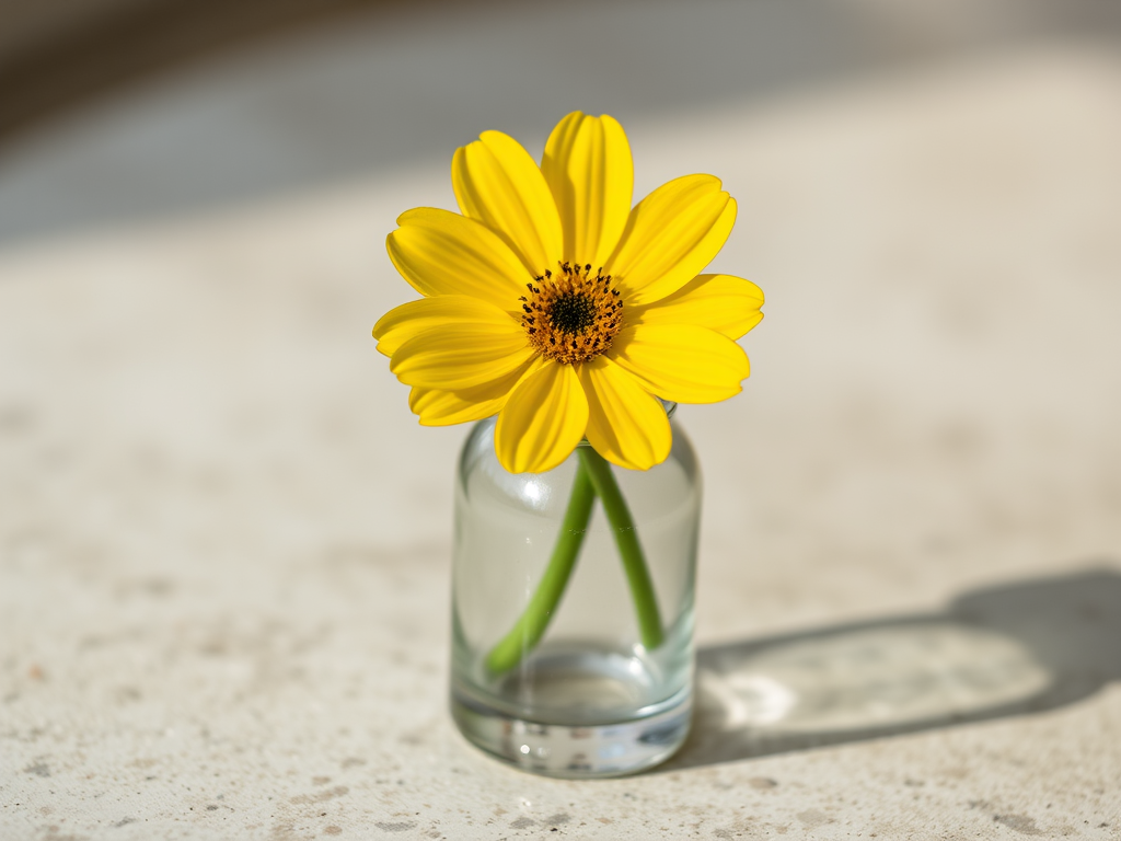 A delicate yellow flower in a glass vase on a textured surface, captured with a DSLR camera at f/2.8, ISO 100, 50mm lens, soft focus background, natural lighting to enhance colors and details.