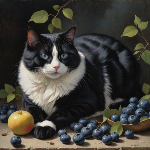A black-and-white cat rests quietly among (plump, dark blueberries), its (glossy black fur and white patches) blending subtly with the (deep blue tones) of the fruit. The black patches on its fur merge seamlessly with the (midnight blue shades) of the blueberries, while the white areas create a gentle contrast, reminiscent of soft moonlight touching the berries. The cat’s body curves elegantly around the scattered fruits, its (relaxed posture) suggesting a peaceful sleep. Tiny highlights catch on both the (round blueberries) and the (cat’s fur), adding a soft, intermingling glow. Its closed eyes and (serene expression) evoke a sense of tranquility, as if it’s nestled safely among [berries | hidden among the fruits]. The scene alternates between (the cat’s dark fur blending into the shadows) and (the brightness of the white patches), creating a harmonious interplay of light and dark, where the cat’s form almost disappears into the scene, yet remains delicately defined by the soft contrast.