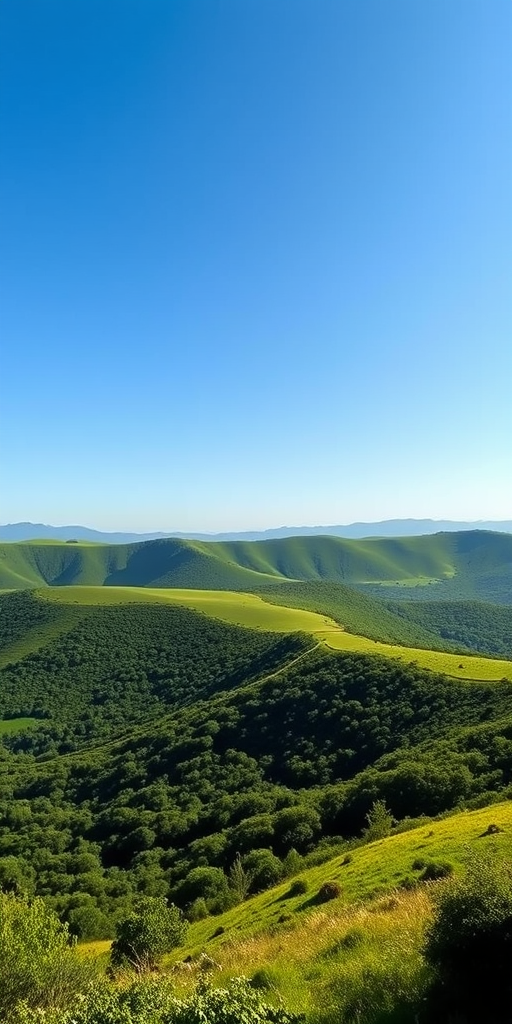 Create a high-resolution image of a serene landscape featuring lush green hills under a clear blue sky, captured with a DSLR camera at f/8 aperture, ISO 100, shutter speed 1/250 sec, using a wide-angle lens at 24mm, in natural lighting.