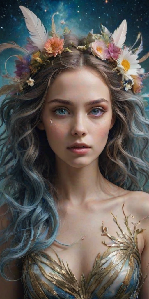 Create a series of imaginative portraits where each subject is infused with elements of fantasy and nature. The hair of the individuals should flow like clouds, varying from soft, fluffy cumulus to wispy cirrus strands, with hints of color reflecting a sunset or a clear blue sky. The eyes should be windows to entire galaxies, with stars, nebulae, and distant planets visible within them. Clothing should be adorned with nature motifs, such as floral patterns that bloom and change, vines that seem to grow and wrap around, or feathers that shimmer with iridescence. Each portrait should capture a unique personality, blending human features with the ethereal beauty of the natural and cosmic world. The backgrounds can vary, from starry night skies to enchanted forests, adding depth and context to the magical realism of the portraits