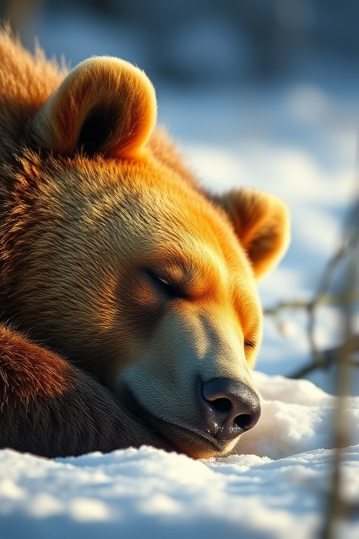close-up of a sleeping bear in a snowy landscape, soft natural lighting, DSLR camera, focal length 85mm, aperture f/2.8, ISO 200, shallow depth of field, soft bokeh background