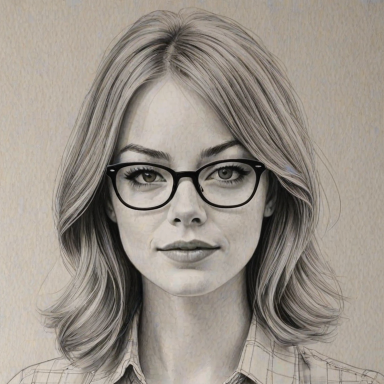 Delightful Emma Stone, pencil sketch, portrait of Ravishing woman 1969s in glasses, hair style beatnik, outline, clear lines, fine lines, 8k