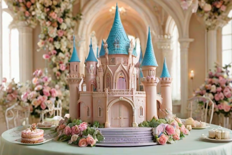 Create an elaborate cake design resembling a grand castle, featuring intricate details like spires, arches, and decorative elements. The cake should be predominantly white with delicate pastel accents, surrounded by floral decorations and a whimsical atmosphere. Include a central entrance that leads to a beautifully crafted scene, and ensure the overall structure is impressive and visually stunning.